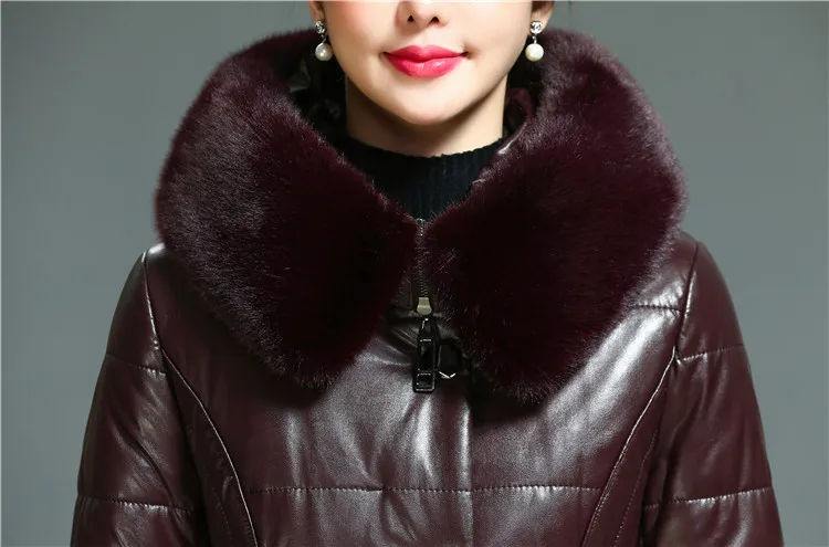 New Winter Women Leather Thicken Jacket 6XL Ladies Fur Collar Hooded Coats Cotton Padded Outwear Middle-aged Female Parkas