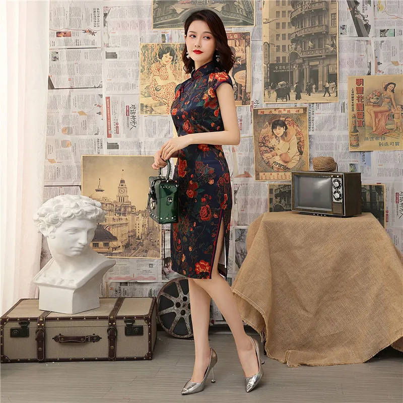 Элегантный тонкий Qipao 2019 Новое традиционное китайское платье женское вискозное платье воротник-стойка винтажное Чонсам Vestidos плюс размер