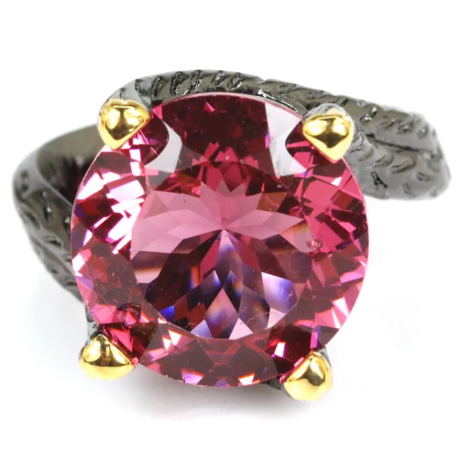 

9.0# SheCrown Vintage Big Round Gemstone Pink Morganite Black Gold Silver Ring 23x17mm