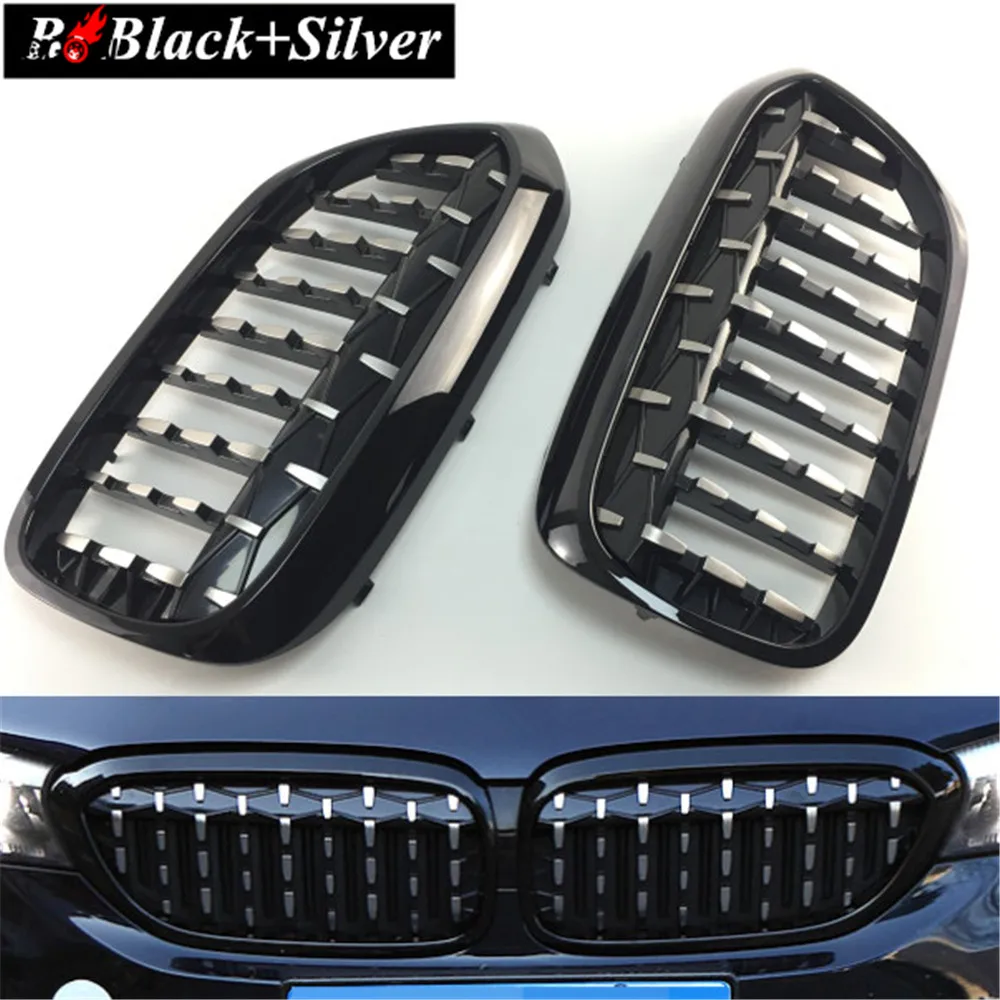 2pcs Black Silver Car Front Center Central Grill Grille Cover
