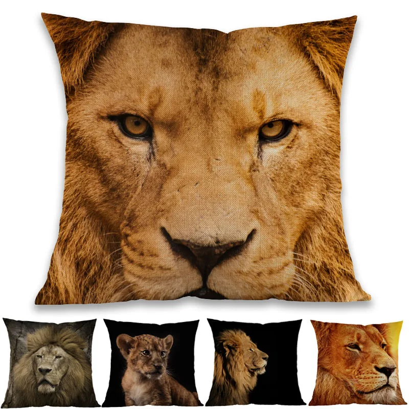 

African Grassland Animal Lion The King Of Beasts Linen Pillow Case Home Chair Room Sofa Decoration Cushion Cover