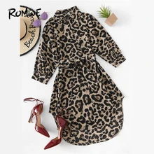 ROMWE платье с леопардовым принтом и стоячим воротником, женское повседневное летнее Новое Стильное женское ТРАПЕЦИЕВИДНОЕ сексуальное платье с коротким рукавом длиной до колена