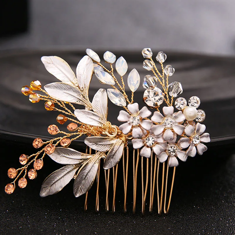 

FORSEVEN Baroque Crystal Flower Metal Hair Comb Leaf Floral Bride Tiaras Headpiece Wedding Hair Jewelry Accessories Noiva