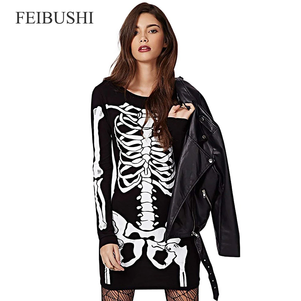 FEIBUSHI Womens Skeleton Bones Halloween Dress Bodycon Party Fancy Dress Long Sleeve Pencil Casual Party Dress