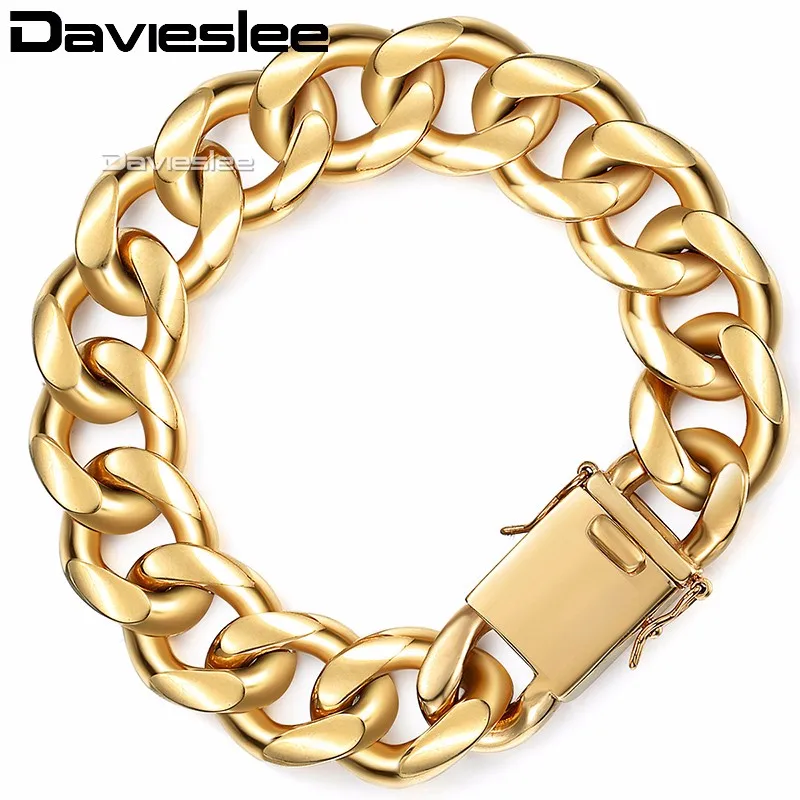 Davieslee мужской браслет цепочка из нержавеющей стали с кубинским звеном, золотой цвет 13/18 мм LHBM110