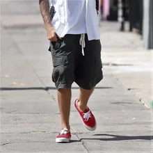 Джастин Бибер шнурок Гарем карго Шорты Винтаж мыть текстурированные хлопковые шорты свободный крой шесть карманов Стиль Уличная одежда