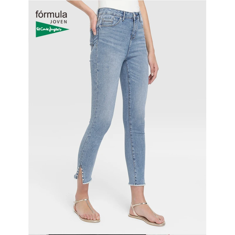 Fórmula Joven Vaquero Pitillo de con Perlas Color Azul Estampado Liso Cropped Delantero de Cremallera Botón Trabillas en la Cintura Moda Diseño 2019 El Corte Inglés|Pantalones vaqueros| - AliExpress