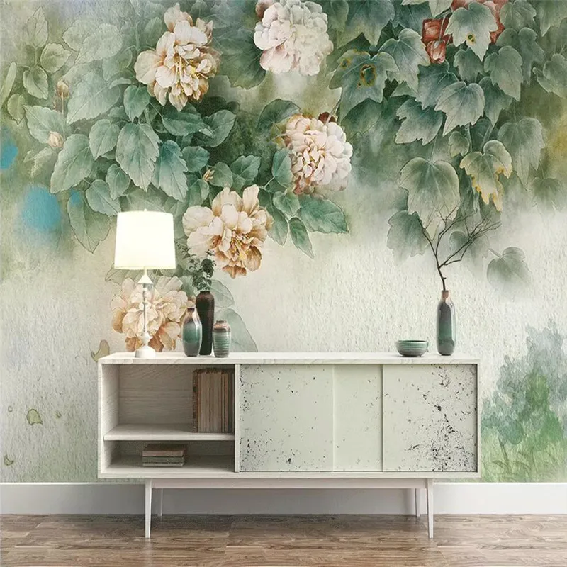 

Original retro hand-painted flower TV background wall custom high-end mural factory wholesale wallpaper mural photo wall
