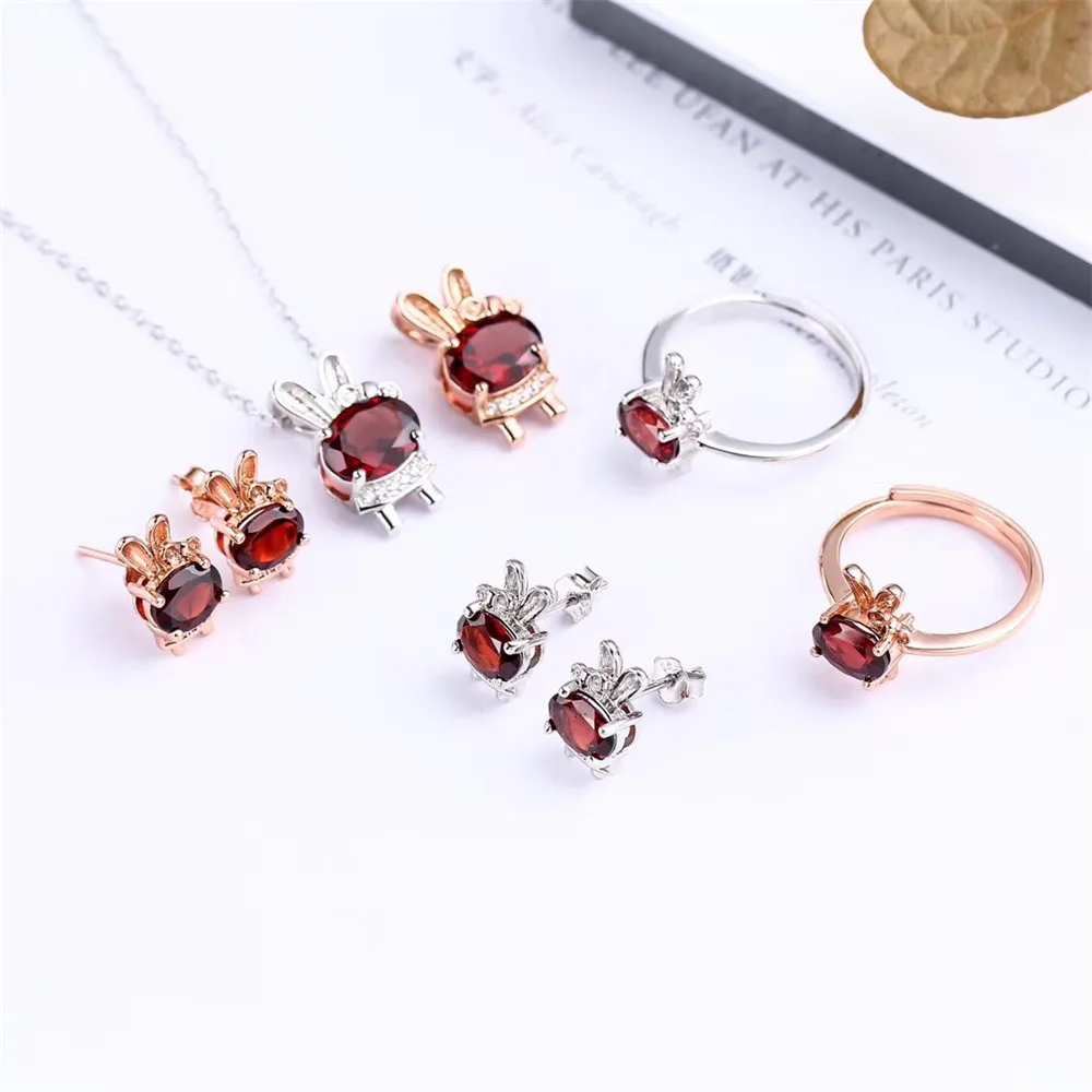 

925 Sterling Silver Inlaid Garnet Pure Natural Ring Necklace, Earrings Set Women's Fashion Brand Jewelry Exquisite Engagement