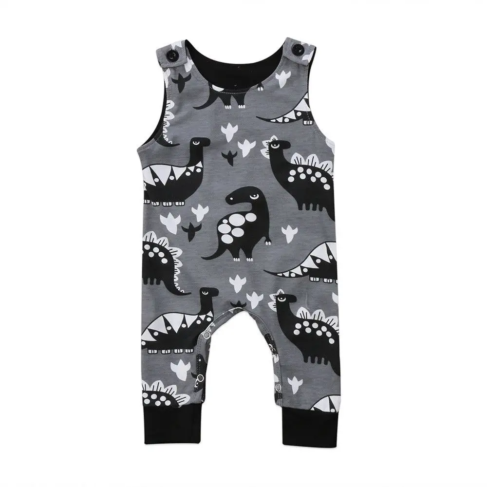 Newborn Infant Baby Boys Fashion Dinasour Print Sleeveless Summer Jumpsuit Outfits Boys Rompers with Hat 