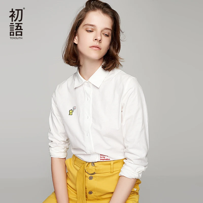 Toyouth New White Women Autumn Blouses Funny CartoonTurn Down Collar Tops for Female Embroidery Camisa Feminina Blusas