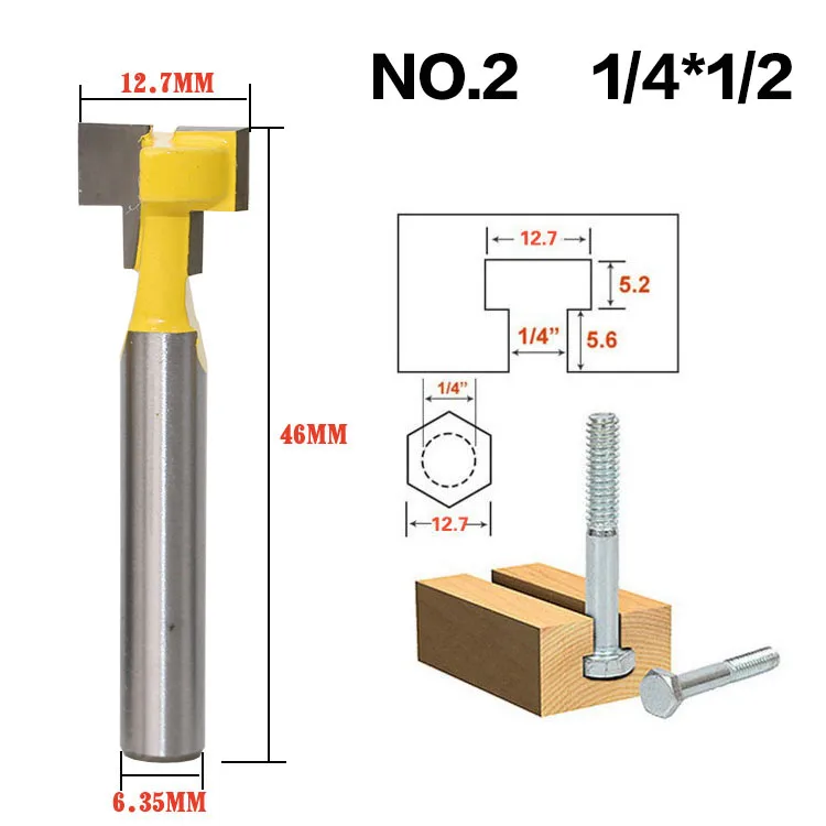 2 шт. 1/4 ''хвостовик t-слот Фасонная фреза Бит стальная ручка 1/2'' & 3/8 ''Длина Деревообработка резаки для инструментов