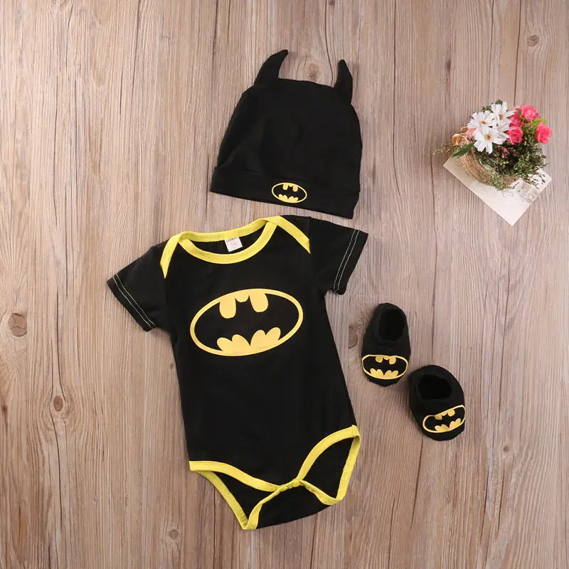 Fashion Batman Baby Boys Rompers Jumpsuit Cotton Tops+Shoes+Hat 3Pcs Outfit Clothes Set Newborn Toddler 0-24M Kids Clothes