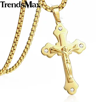 

Trendsmax Christian Jesus Cross Crystal Pendant Necklaces Box Link Chain Stainless Steel Men Jewelry Colar Gift KPM140