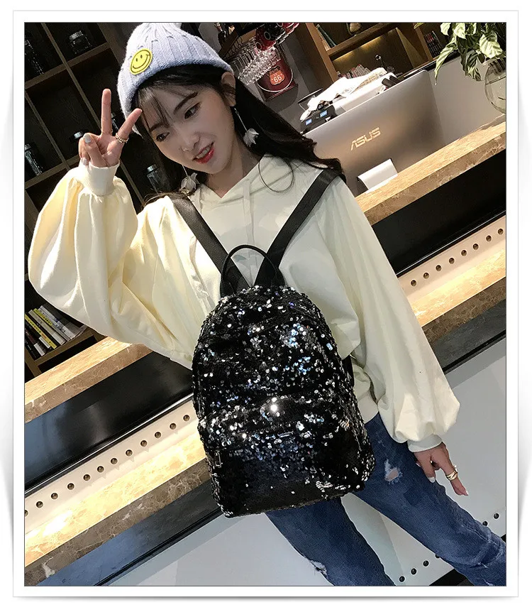 MJ Sequin Backpack Women Fashion Sequined PU Leather Backpack Travel Bag Female Shining Daypack for Teenage Girls (7)
