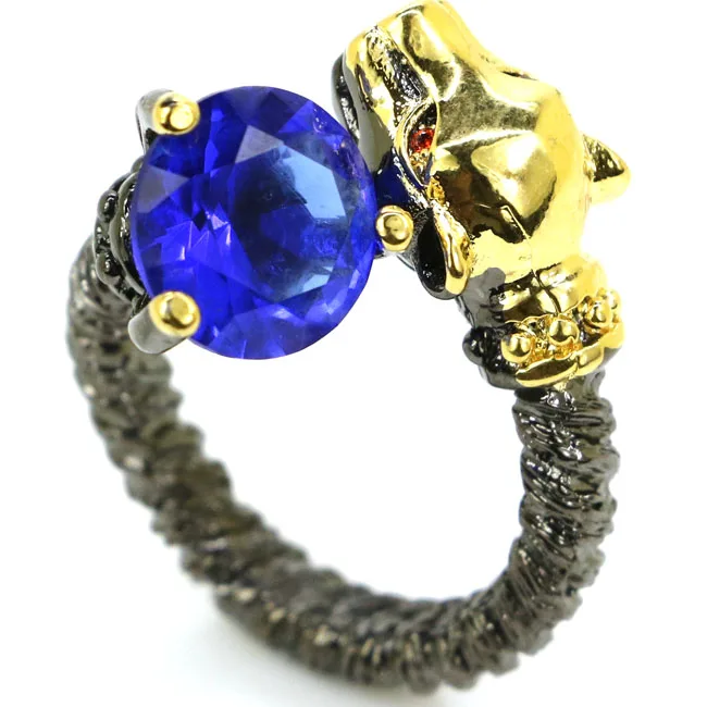 

SheCrown 5.5# Vintage Green Amethyst Ruby Leopard Black Gold 925 Silver Ring 20x18mm