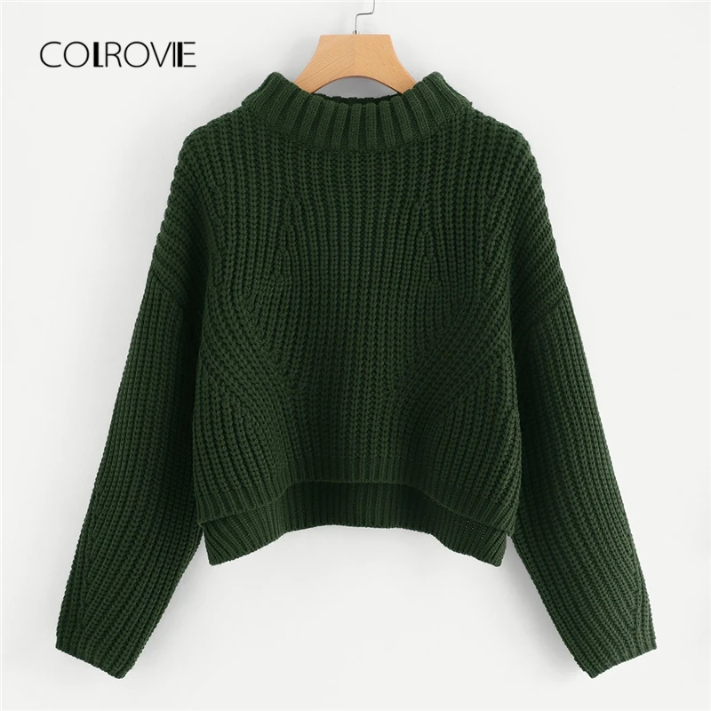 

COLROVIE Green Drop Shoulder Step Knitted Sweater Girls 2018 Winter Sweater Ladies Jumpers Long Sleeve Pullover Women Sweaters