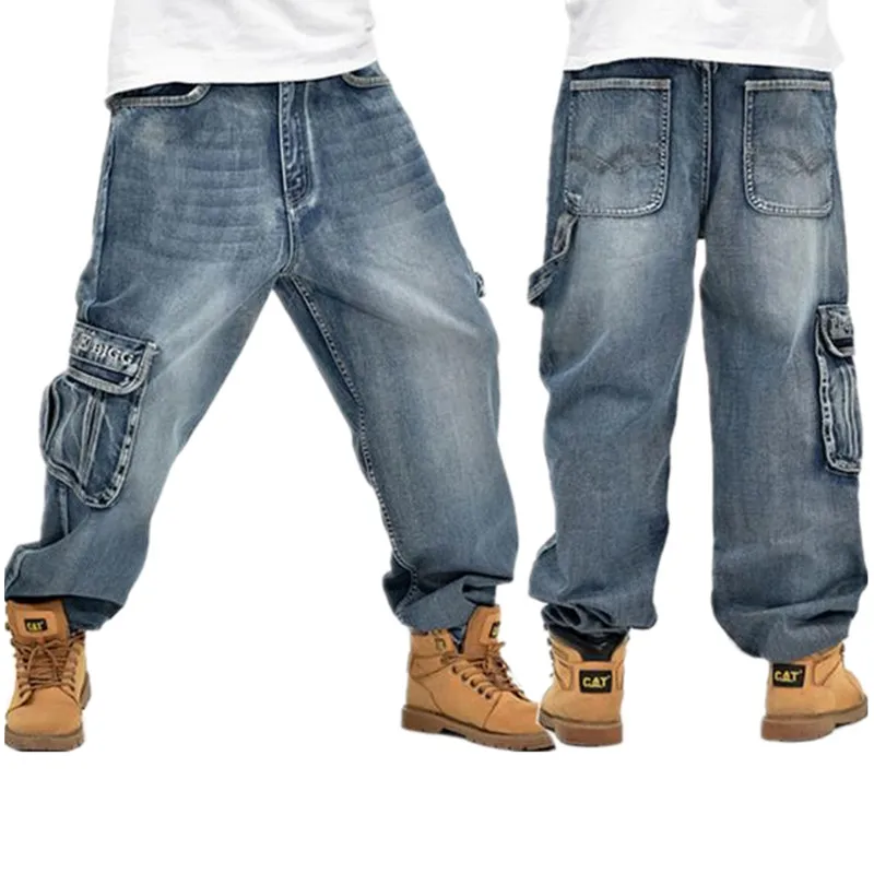 

Thintenda Jeans Men 2018 Fashion Men's Blue Baggy Jean With Side Pockets Hip Hop Designer Brand Skateboard Pants Loose Style 8XL
