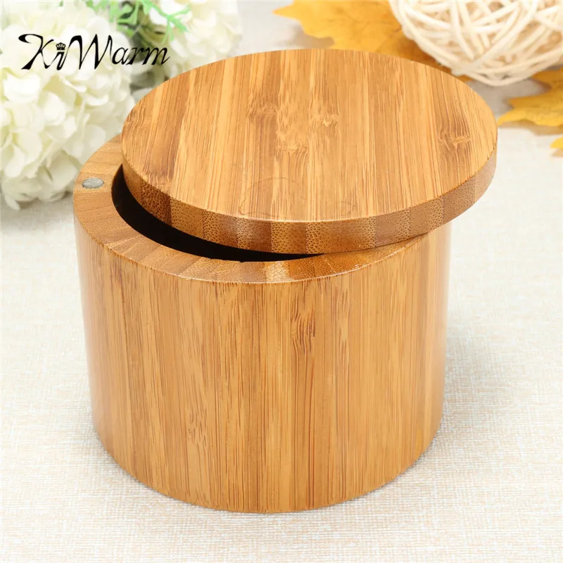 

KiWarm Portable Natural Bamboo Wood Round Salt Spice Jar Box Kitchen Storage Case With Magnet Lid Container Ornament