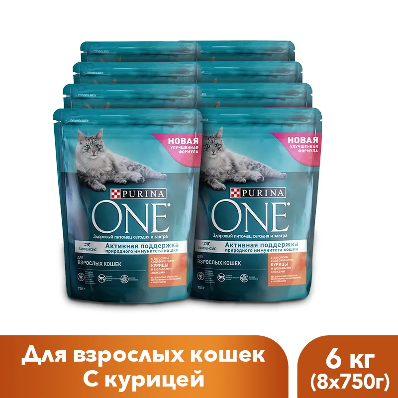 Сухой корм Purina ONE для взрослых кошек с курицей и цельным злаками, 6 кг