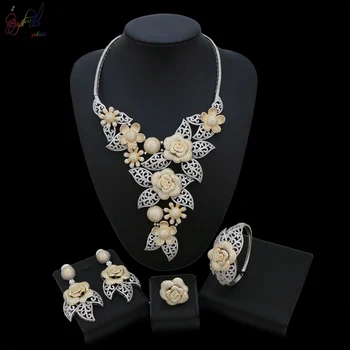 

Yulaili Zircons Geometric Rose Flower Design Thousands Heart And Arrow Cubic Zircon Fashion Women 4pcs Necklace Jewelry Sets