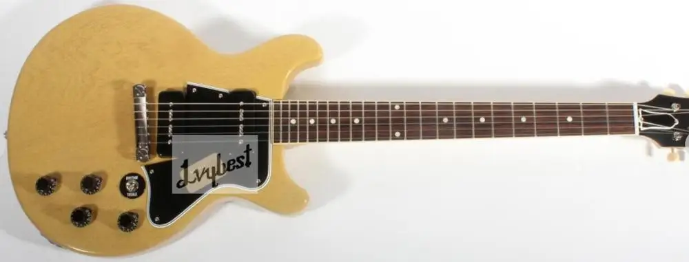 

Customized body&headstock shape 6 string electric guitar solid body,yellow see thru wood grain,2 pickups with black pickguard!