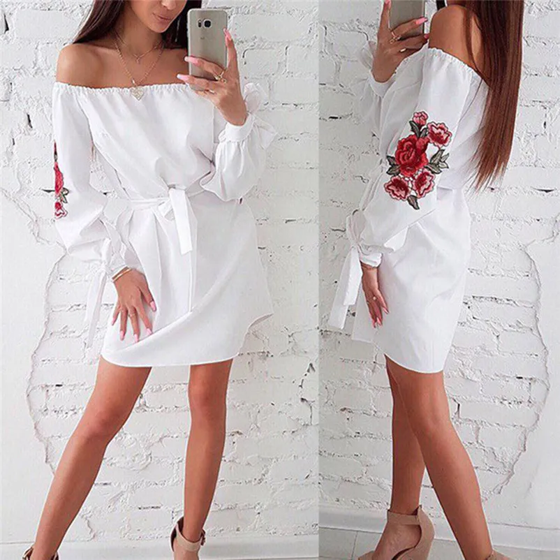 Fashion Autumn summer dress 2018 casual Sexy Appliques Off Shoulder Tie