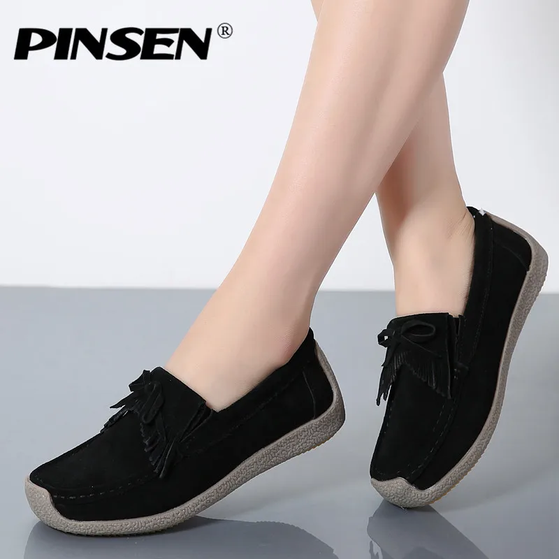 Meilleur PINSEN Automne Femmes Appartements En Cuir Suede Slip sur Fringe Mocassins Chaussures Ballet Appartements de peau de Vache Flexibles Bateau Oxford Chaussures creepers