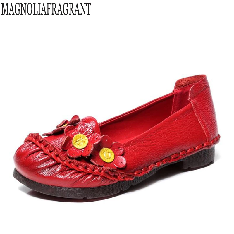 

Plus Size Genuine Leather Flat Shoes Real Leather Handmade Flats Loafers Female Solid Comfortable Casual Flower Women Shoes c258