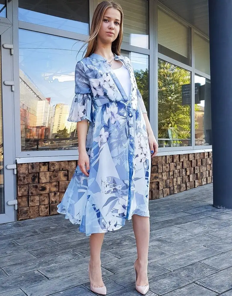 NELLBANG Vintage knee-length Dress Sexy Beach Dresses 2017 blue Floral Print three quarter sleeve High Quality Chiffon Dress