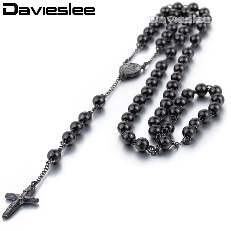 Image 4 6 8mm Mens Chain Rose Gold Black Tone Stainless Steel Bead Chain Crown Rosary Jesus Christ Cross Pendant Long Necklacce LKN372