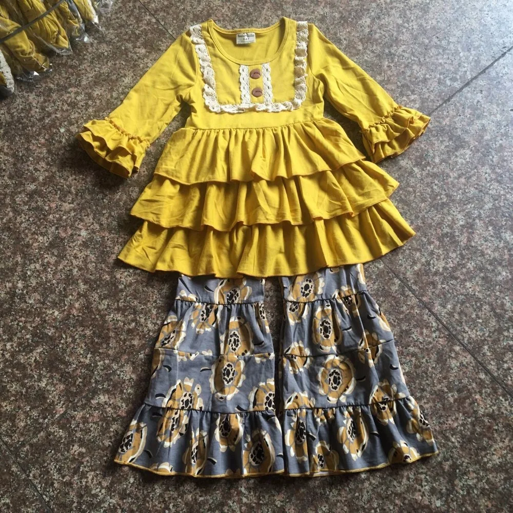 

2017 New Fall Mustard Yellow Children Sets Ruffle Butterfly Sleeves Infants Clothing Baby Girl Nursing Accessory Apparel