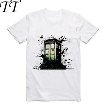 Азиатский размер; футболка "Доктор Кто" мультфильм печатных футболки мужские повседневные Забавные футболки и рисунком полицейской будки классные хипстерские футболки GT306