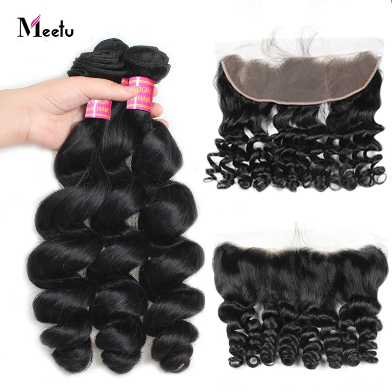 

Meetu Brazilian Loose Wave Bundles with Frontal 3 Bundles with Frontal Closure Non Remy Human Hair Bundles with Frontal 13x4