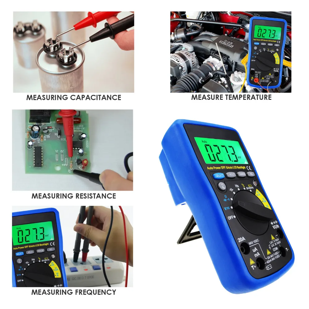 

Digital Auto Range DMM Multimeter - DC AC Amp Volt Ohm Frequency Capacitance Temperature Meter Battery Tester LCD Backlight