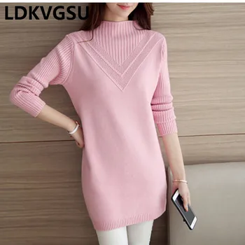 

2018 Spring Autumn New Korean Women Sweater Dresses Half Turtleneck Solid Color Casual Knitted Sweater Dress 5Color Is283