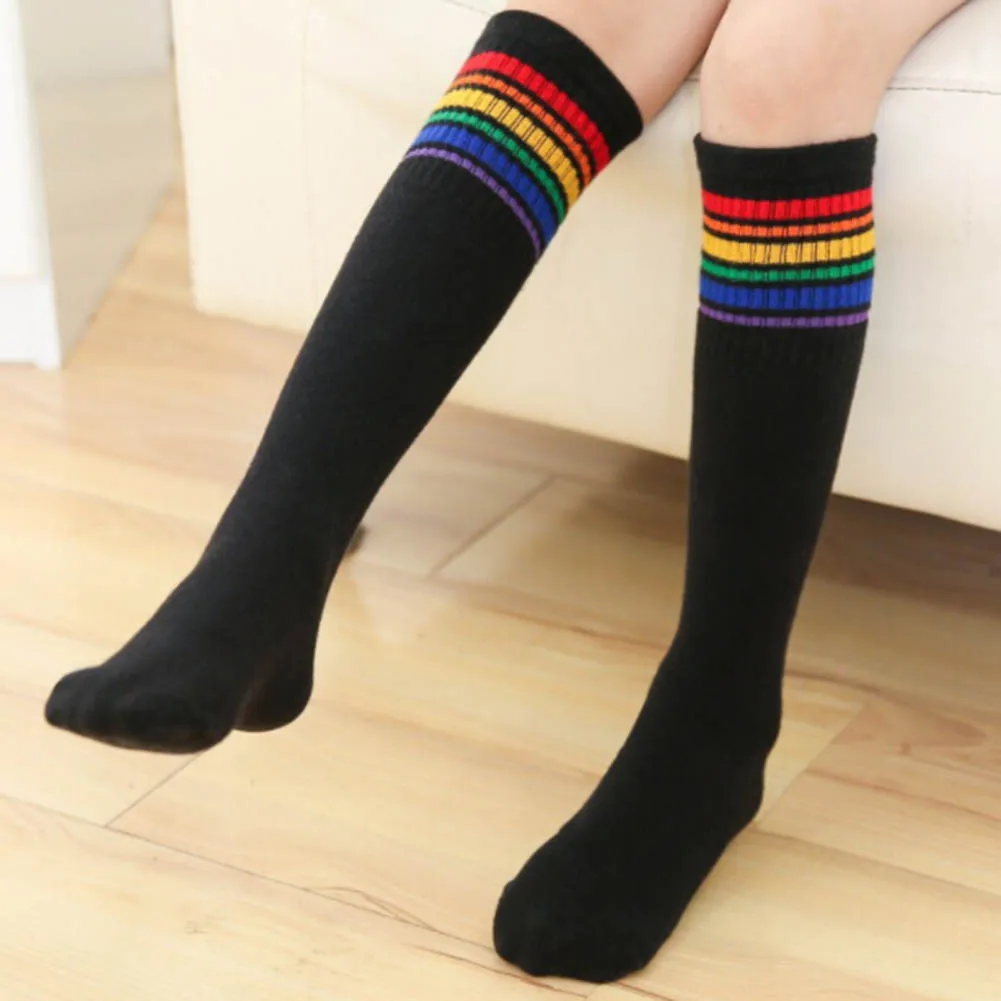 Girl Boy Rainbow Striped Sports Socks Knee High Long Sock Football