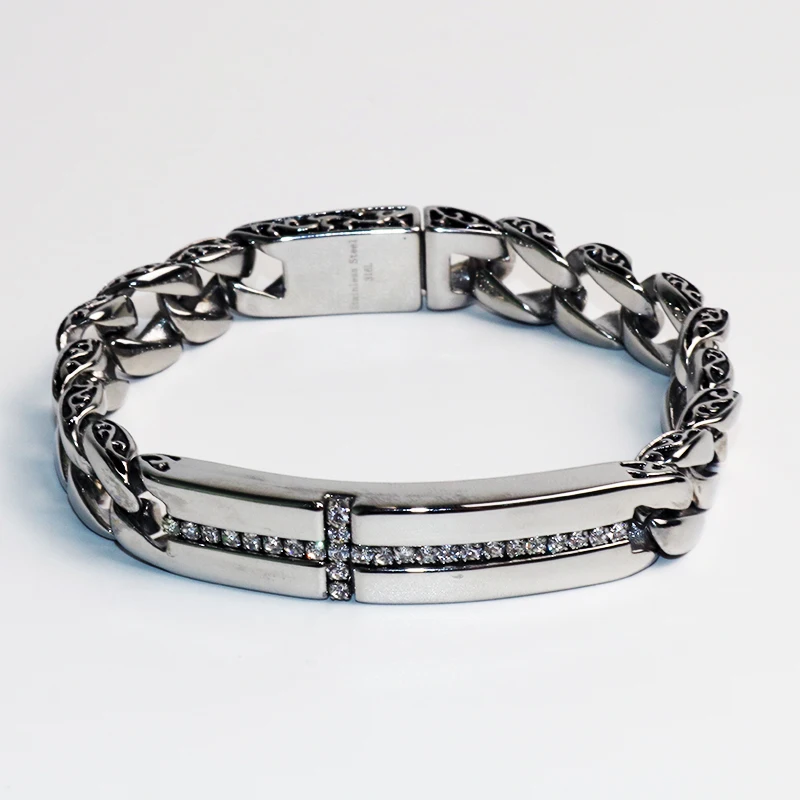 Мужские браслеты с цепочкой, мужские браслеты из нержавеющей стали 316L серебряного цвета с цирконом, никогда не выцветшие 12 мм 22 см VB800