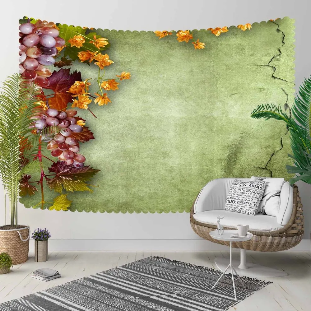 Else Green Floor Purple Grapes Yellow Dried Leaves 3D Print Decorative Hippi Bohemian Wall Hanging Landscape Tapestry Wall Art photo
