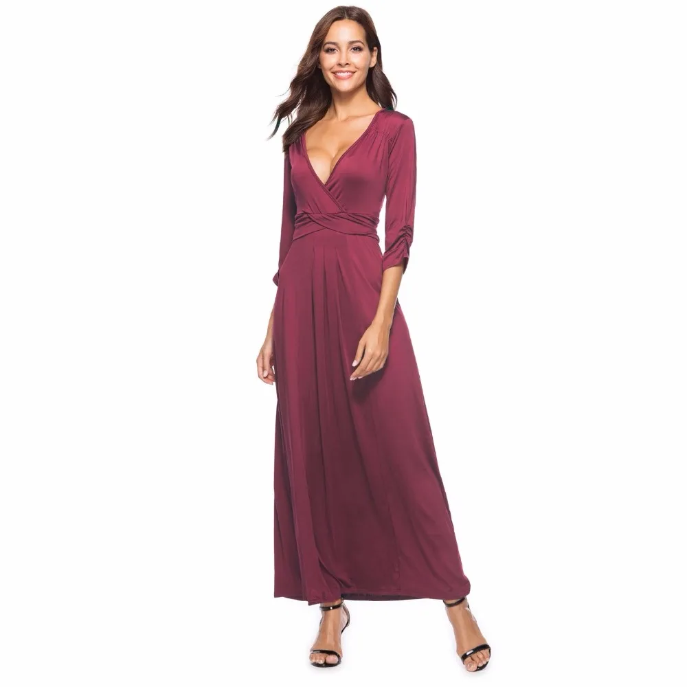 Deep V neck Long Dress for Women Three Quarter Sleeve Ankle Length Maxi