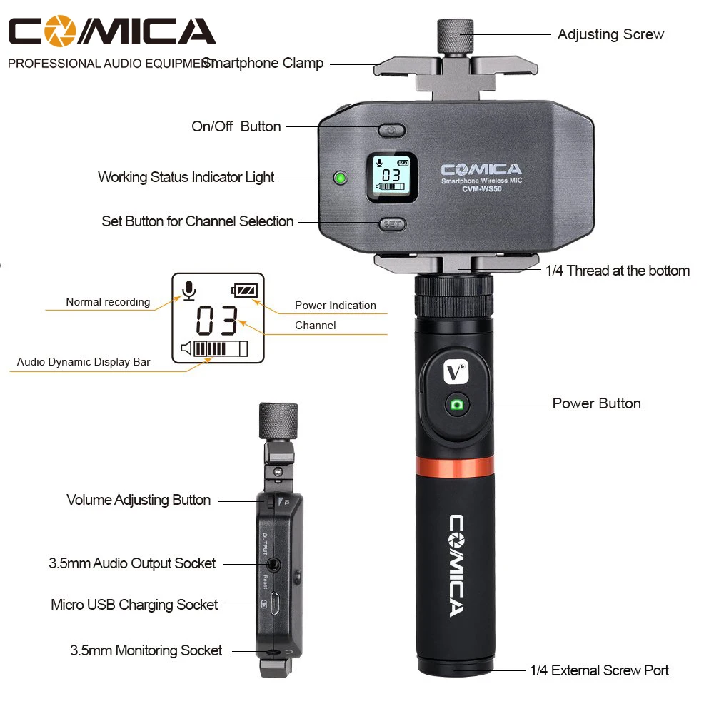 Comica CVM-WS50(A) UHF 6 Channels Wireless Phone Lavalier Microphone System For Smartphone/DSLR Camera Comica CVM-WS50(A) UHF 6 Channels Wireless Phone Lavalier Microphone System For Smartphone/DSLR Camera