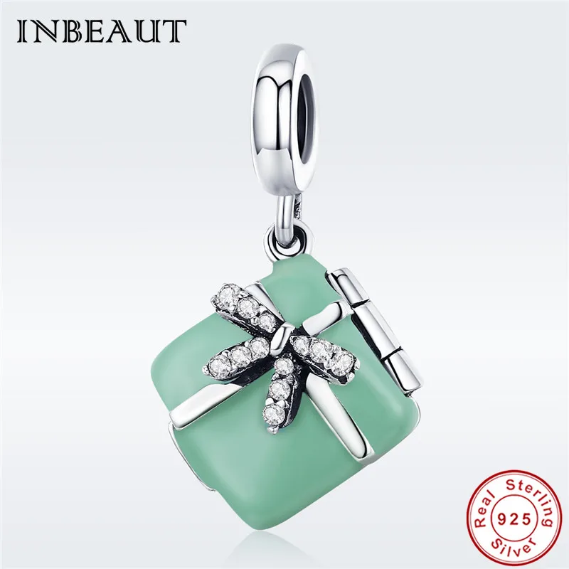 

Romantic Beads fit Trendy Bracelet Real 925 Sterling Silver Cute Green Enamel Gift Box Charm for Europe Original Bracelets