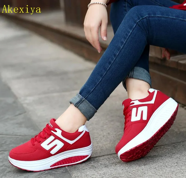 US $12.77 Akexiya Women Breathable Mesh Lace Up Casual Platforms Shoes Height Increasing Rocking Shoes Sports