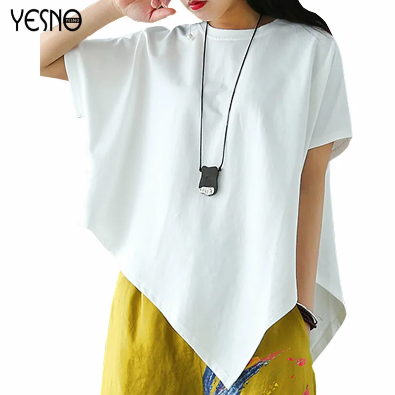  YESNO E03 Women Clothing Handkerchief Hem Tops Casual Loose Fit Asymmetric Hemline Tee Shirt Femme 