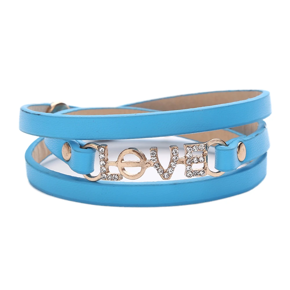 Multilayer Faux Leather Band Rhinestone Women LOVE Charm Bracelet