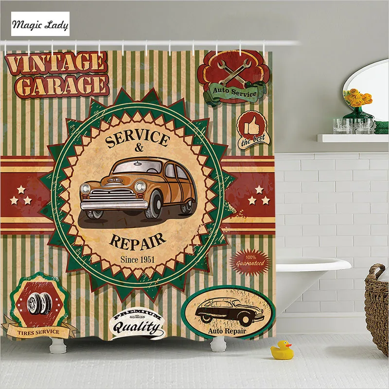 Shower Curtain Vintage Bathroom Accessories Old Retro Cars Label