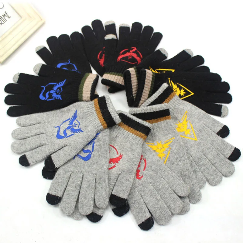 Stretch Knit Winter Warm Gloves Cartoon Anime Pokemon Go Embroidery Wool Knitting Touchscreen Tactical Glove For Men Women