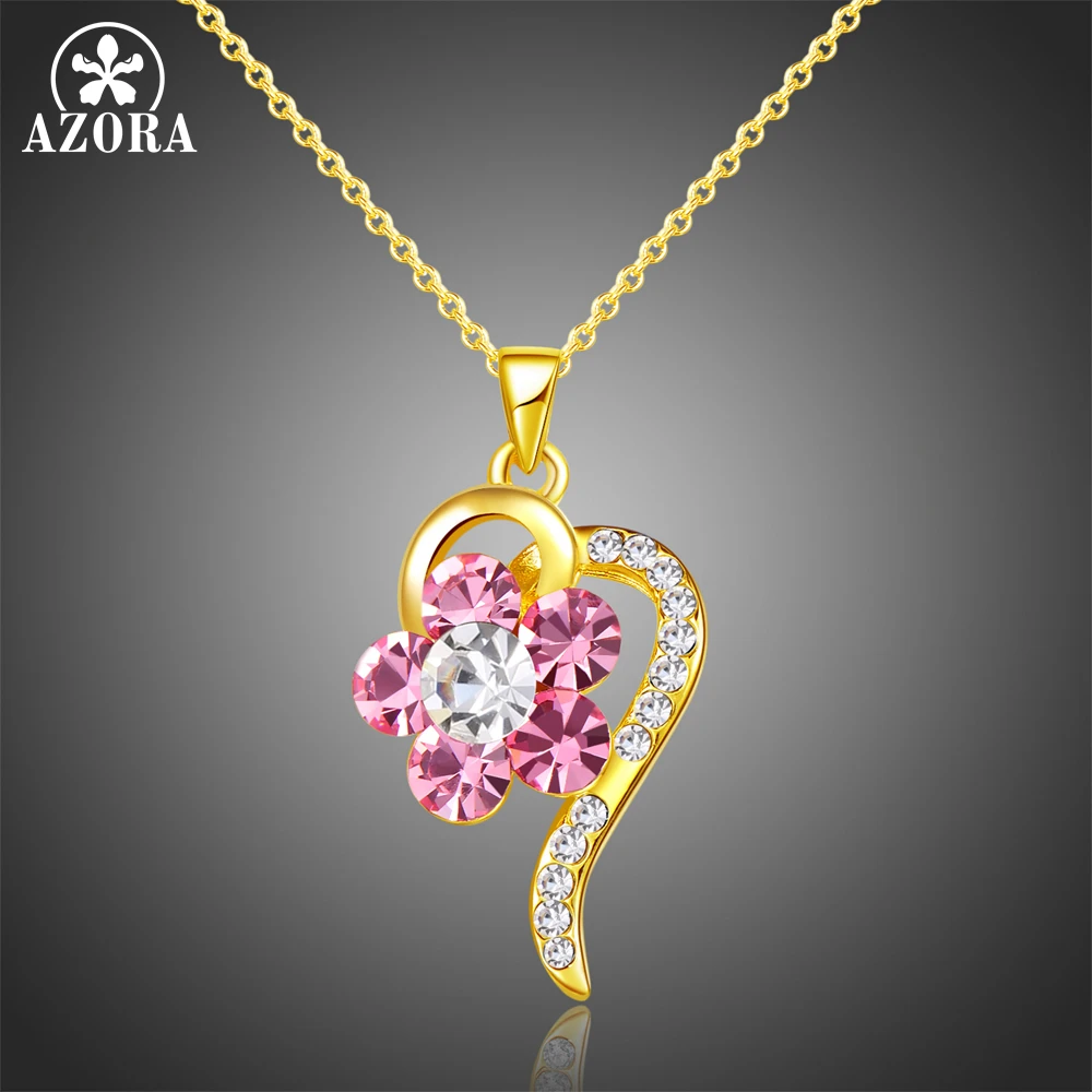 

AZORA Light Gold Color Twisted Heart Pendant Necklaces for Women Pink Crystal Flower Necklaces Woman Party Jewelry TN0199