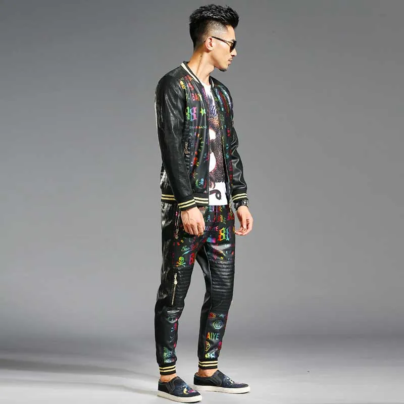New Fashion 2 Piece Set Hip Hop Tracksuit Mens Casual Baseball Jacket with Joggers Pants Bomber Jacket Coat PU Leather Trousers New Fashion 2 Piece Set Hip Hop Tracksuit Mens Casual Baseball Jacket with Joggers Pants Bomber Jacket Coat PU Leather Trousers