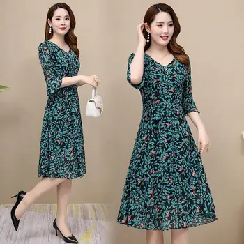 

Chiffon Dress Female Summer 2019 New Style V-neck Ruffle Sleeve Korean Version of the Long High Waist Printed over-the-Knee A-li